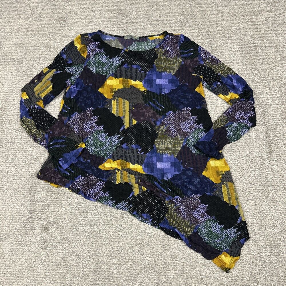 Chalet Et Ceci Top Womens XS Crinkle Long Sleeve Shirt Asymmetrical Purple Black
